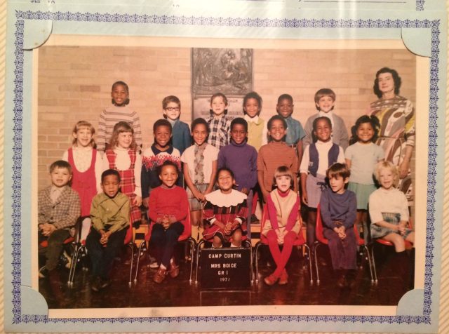 My 1st grade photo with a bunch of kids - black and white