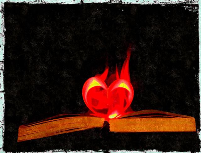 open book with a flaming heart inside